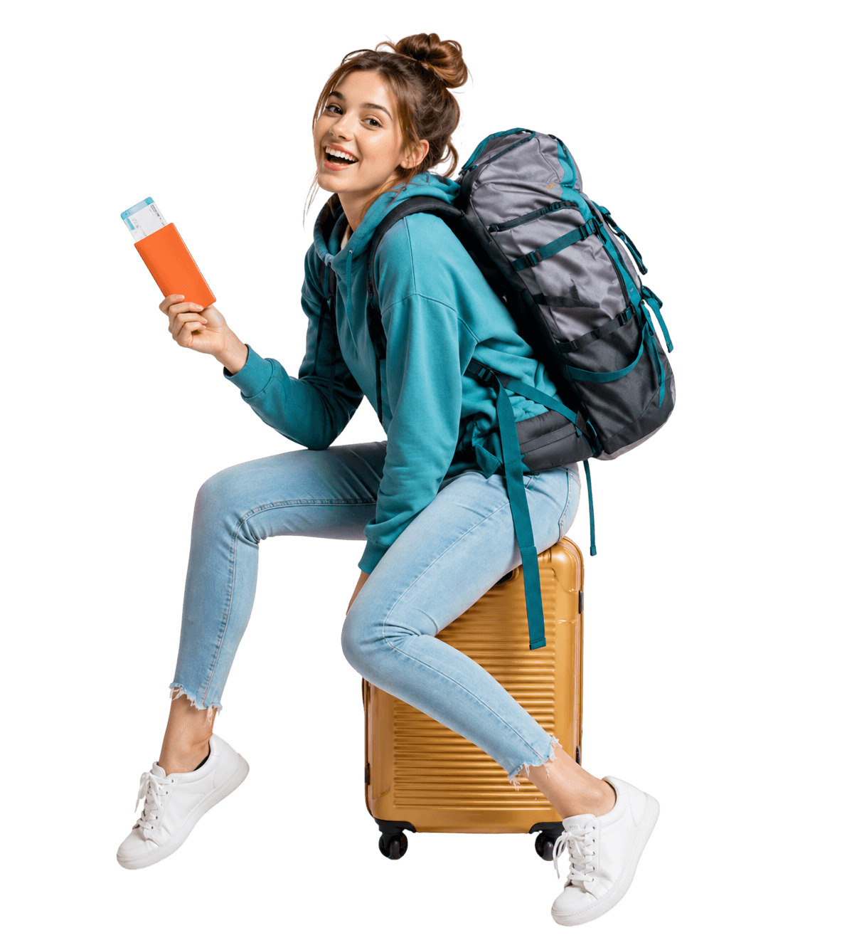 Junge Reisende mit Backpack auf Koffer